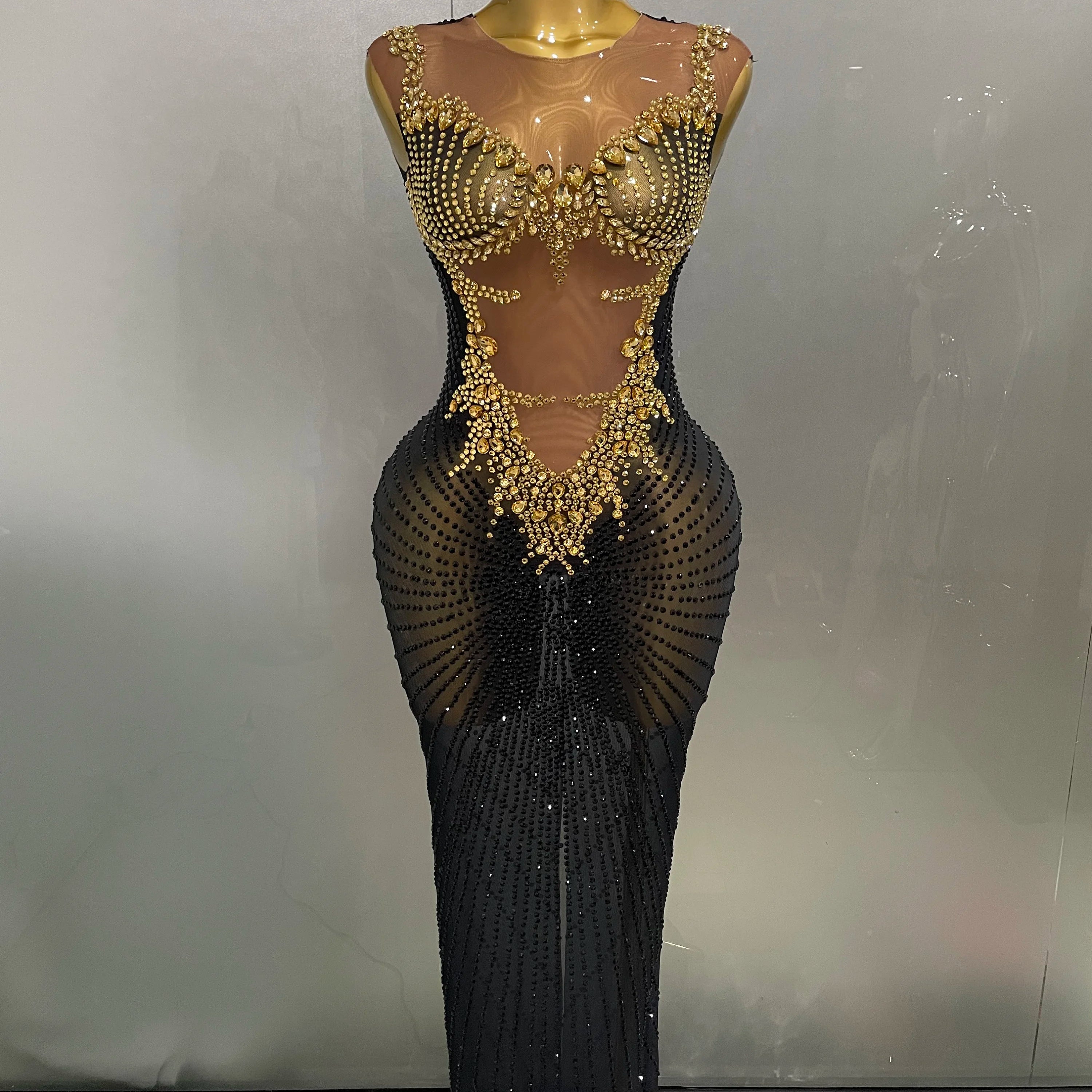 Sexy Sparkly Rhinestones Sleeveless Long Dress 2025 New Women Birthday Celebrate Evening Photo Shoot Stage Performance Costume black