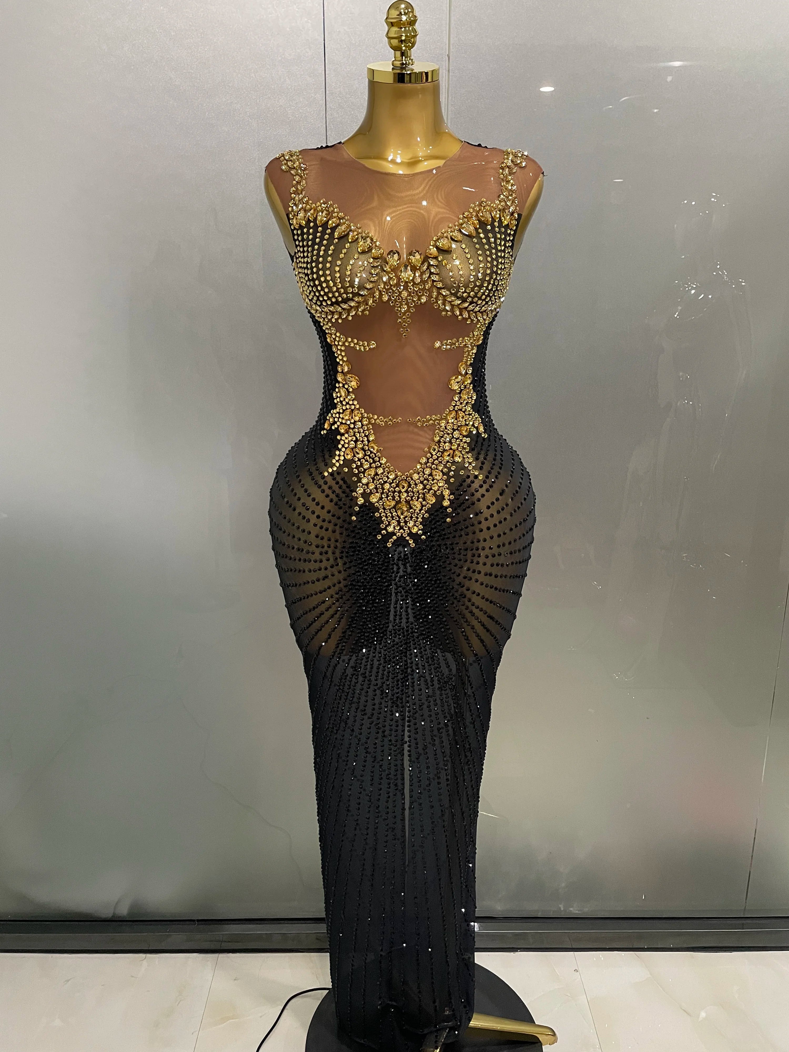 Sexy Sparkly Rhinestones Sleeveless Long Dress 2025 New Women Birthday Celebrate Evening Photo Shoot Stage Performance Costume black