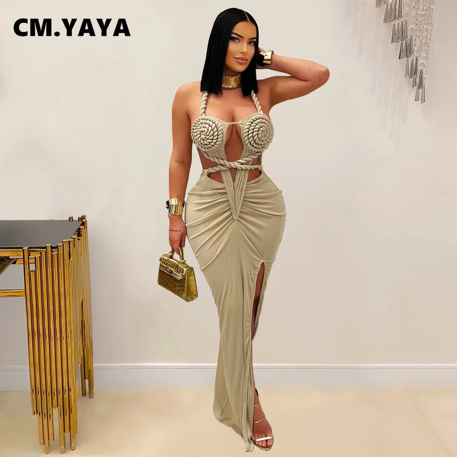 Women Hemp Rope Halter Neck Stacked Ruched High Split Knit Bodycon Midi Maxi Long Dress 2025 Birthday Sexy Party Dresses