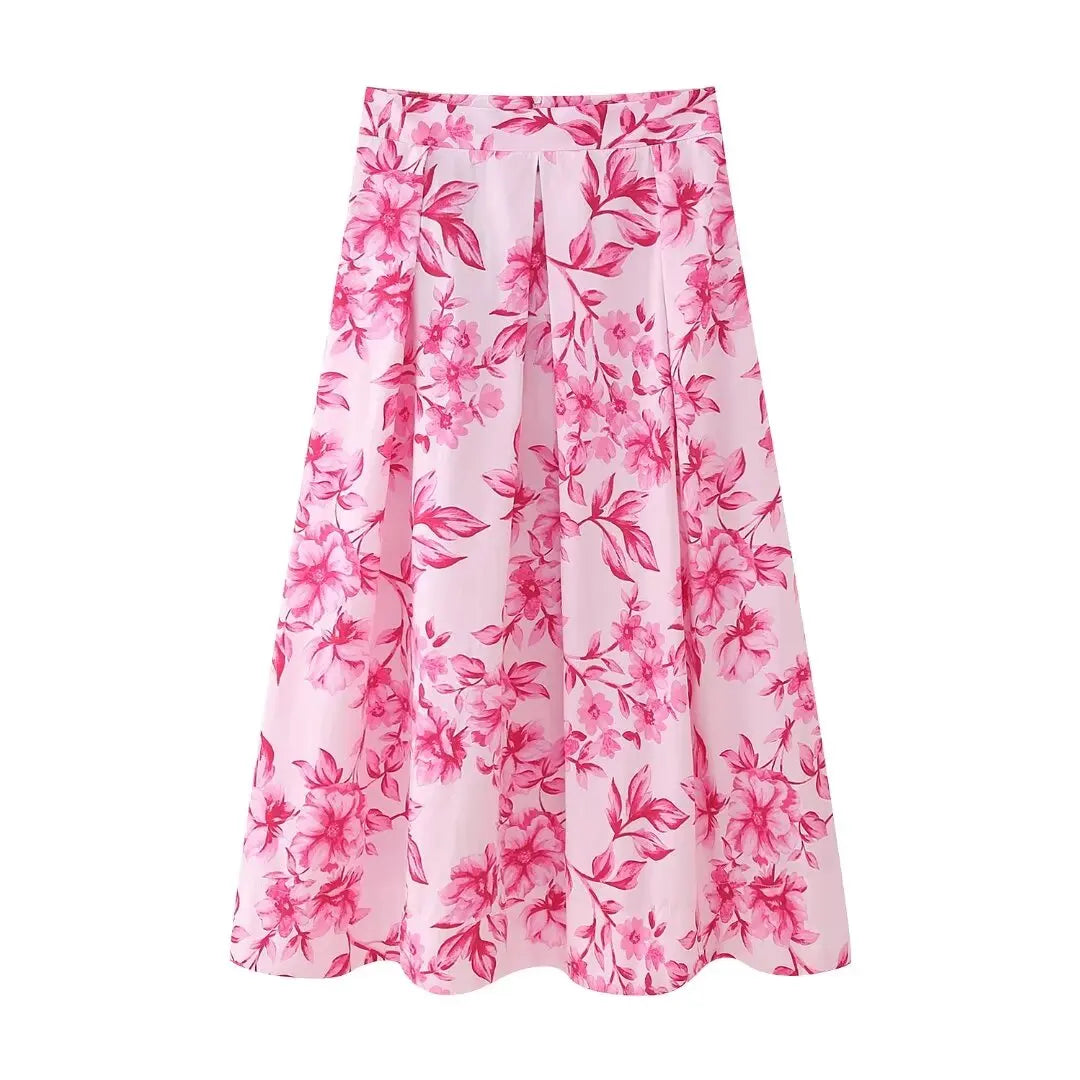 TRAFZA Women Fashion Chic High Waist Long Skirt Woman Vintage Floral Print Back Zipper Folds Decorate Slim Casual Skirt Y2K Pink Skirt