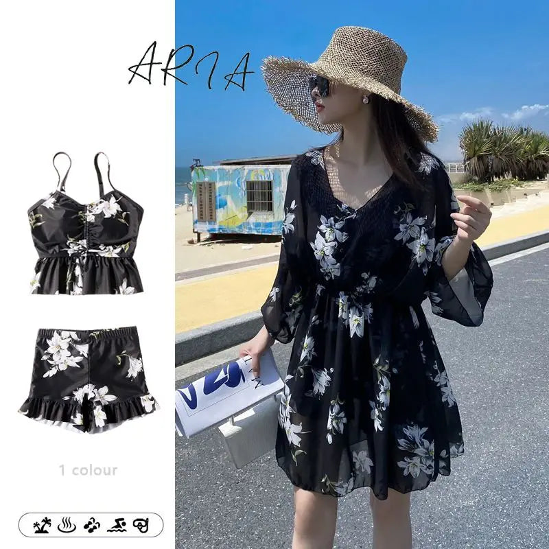 2023 New Loose oversized Women's Swimwear Three Piece Set Slimming Conservative Long Sleeve With Chest Pad Without Steel Support Black (three-piece)