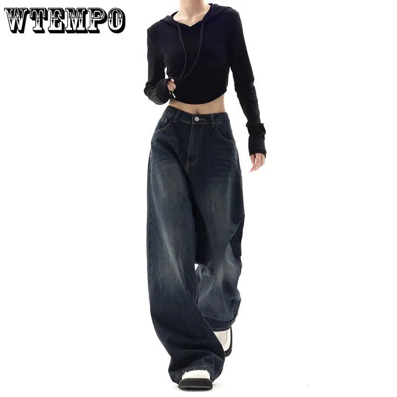 WTEMPO Vintage Women Wide Leg Jeans Harajuku Baggy Denim Trousers Oversized Grunge Streetwear Y2k Autumn Pants Korean Fashion
