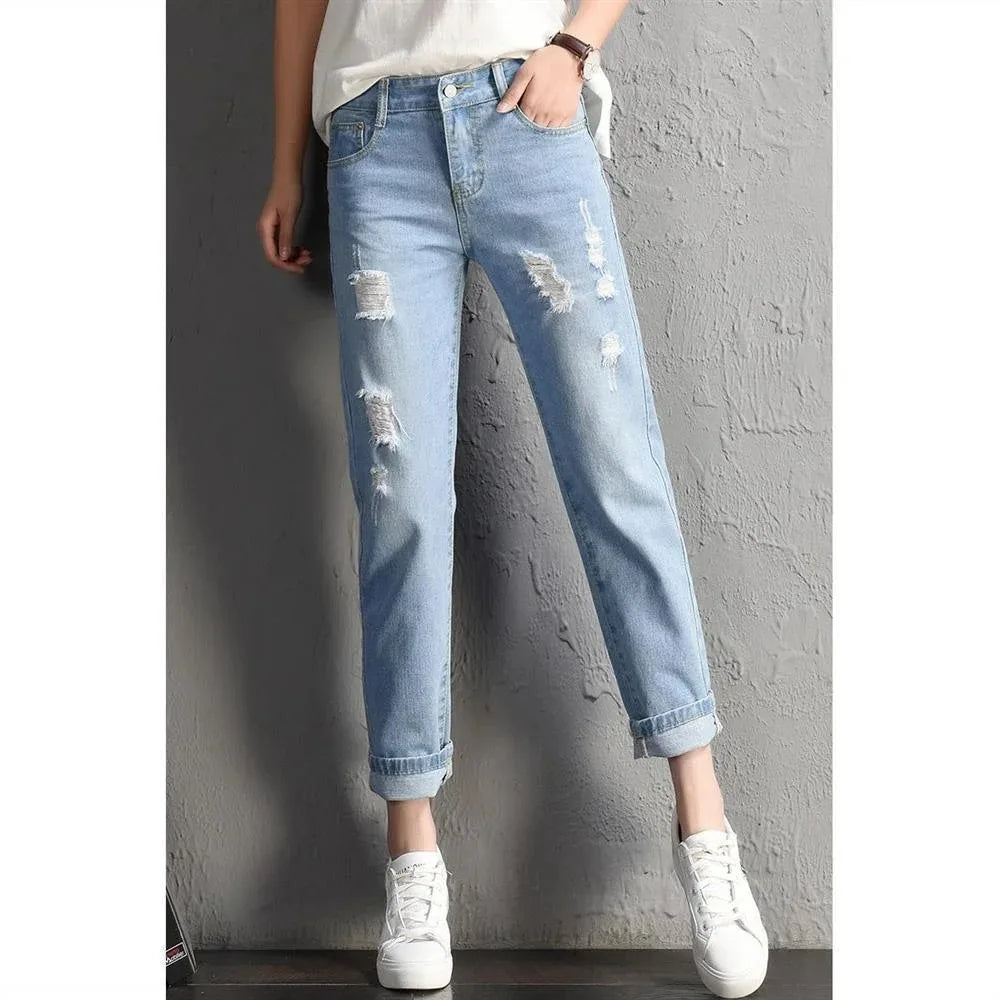 Fashion New Women Mid Waist Boyfriend Big Ripped Hole Jeans Casual High Street Denim Pants Sexy Vintage Pencil Jeans y2k