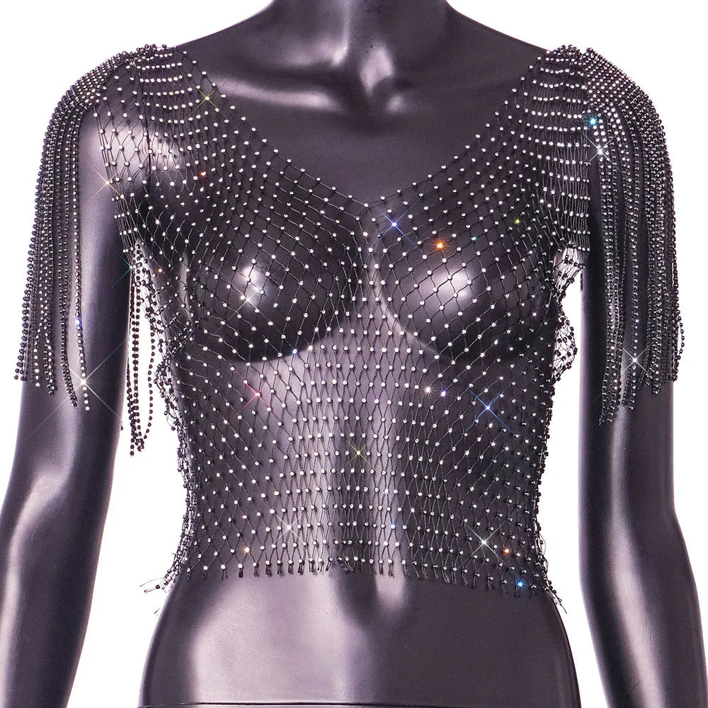 Women's Sexy V-neck Rhinestone Short Crop Top Blink Crystal Tassel Fringe Shoulder Decor Diamond Fishnet Shirt Black
