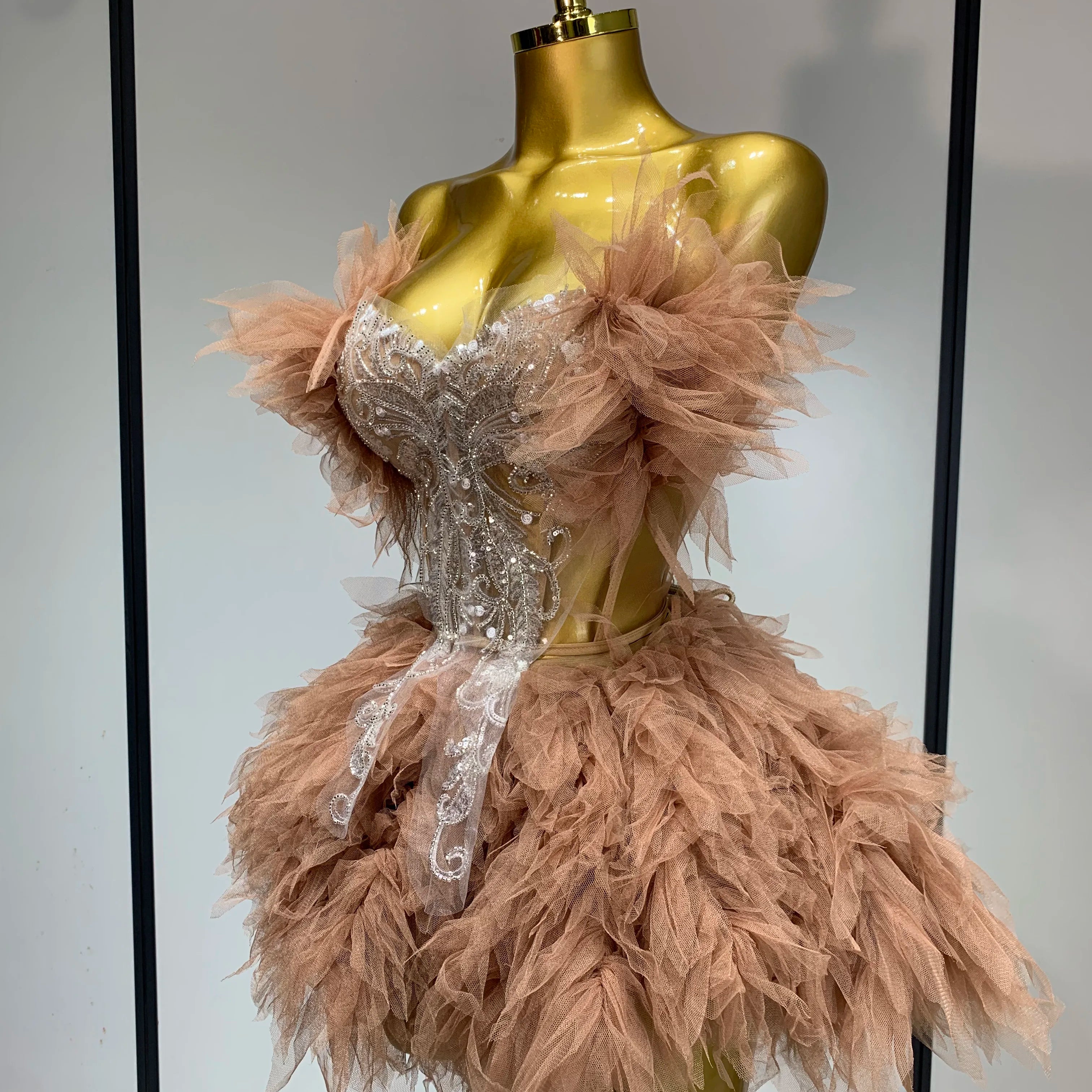 Women Sexy Strapless Two Pieces Set Prom Gown Mini Dress Celebrate Nightclub Party Performance Costume Singer Stage Wear