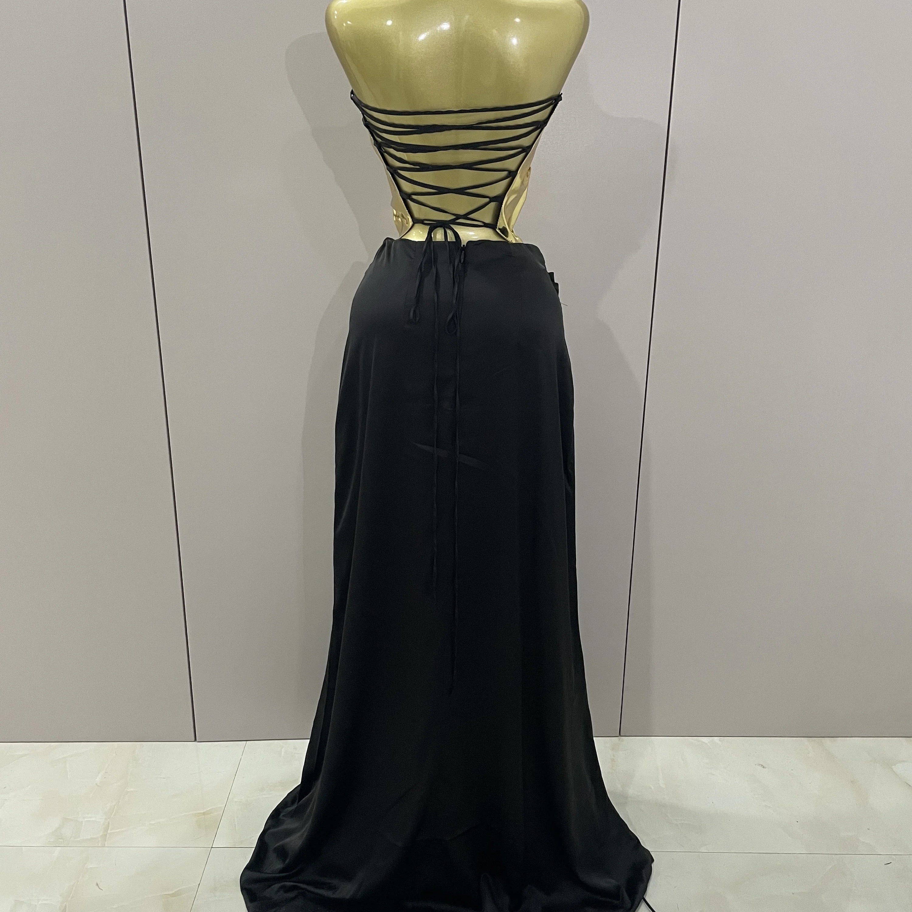 2025 Gold Color Sexy Laced-up Tops 2 Pieces Set Long Dress Women Celebrate Evening Party Celebrity Elegant Dress