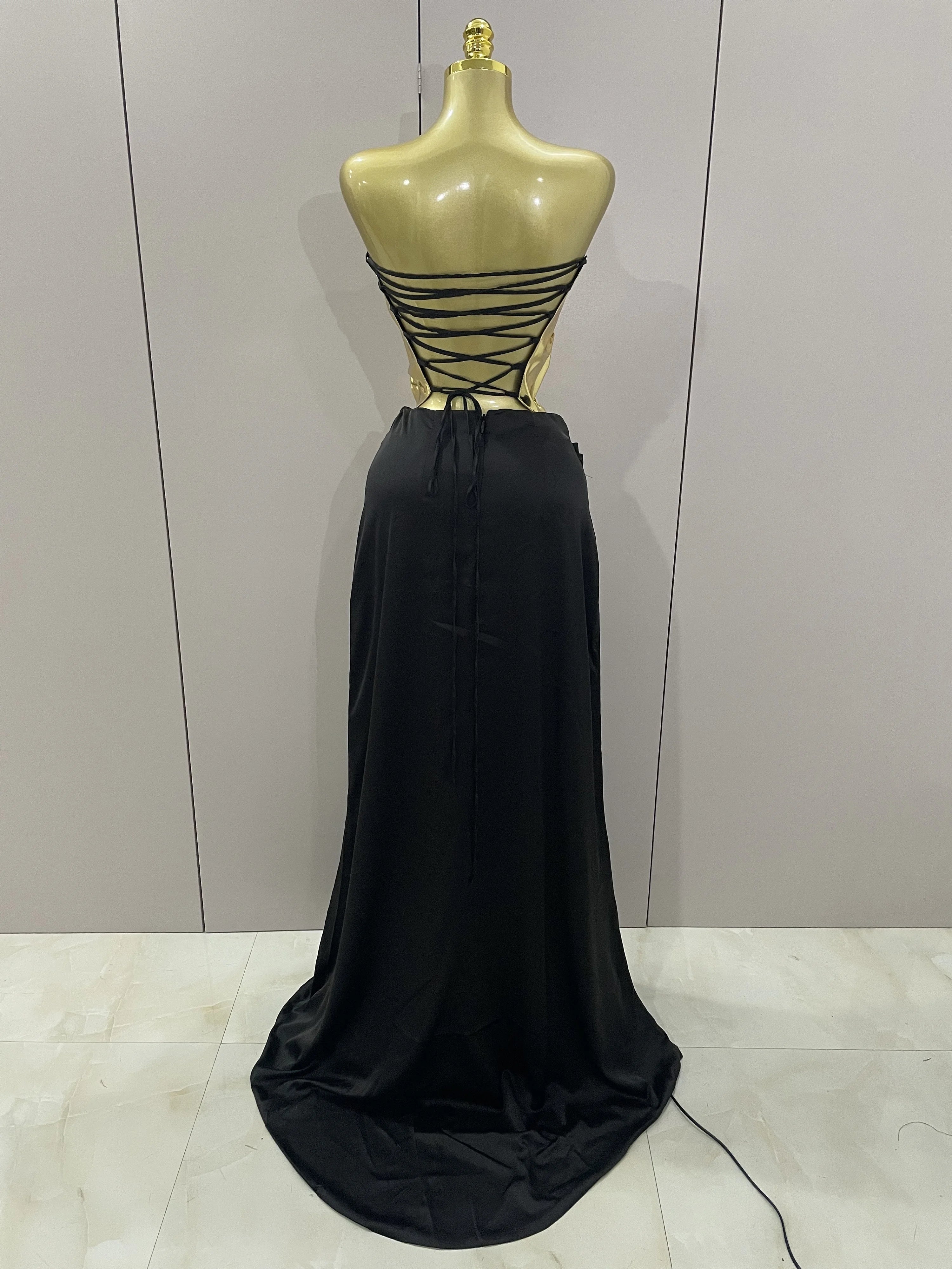 2025 Gold Color Sexy Laced-up Tops 2 Pieces Set Long Dress Women Celebrate Evening Party Celebrity Elegant Dress