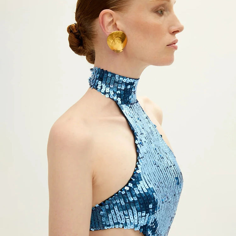 Blue Shiny Sequined Hatler Evening Dress Backless Cut Out Sleeveless Prom Bodycon Wedding Party Cocktail Evening Gown Vestido