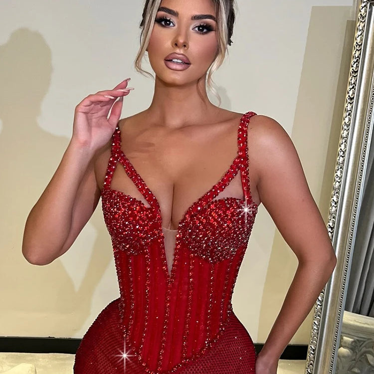 Enchanting Sparkling Red Mermaid Sequins Strappy Sleeveless Dress Party Evening Gown