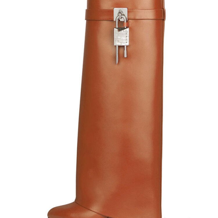 Women's Knee High Boots Shark Lock Long Thick Soled High-heeled Boots Designer Luxury Brand Women's Leather Boots