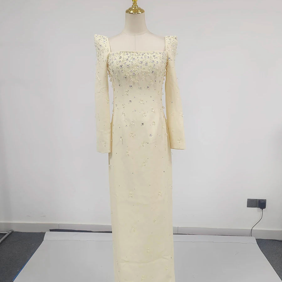 Solid Slimming Spliced Bead Luxurious Midi Dresses for Women Square Neck Long Sleeves Split Elegant Dress Female