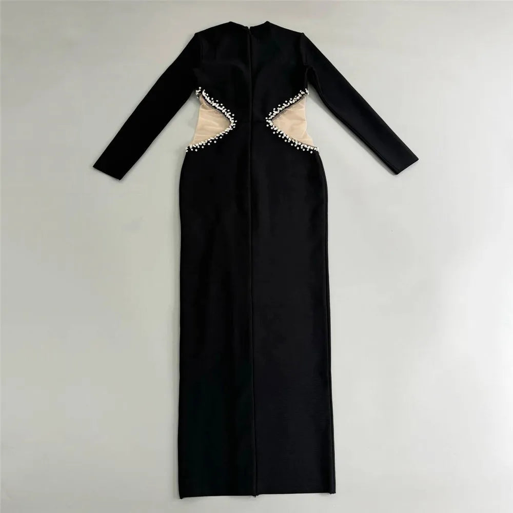 Elegant Evening Party Dress Black Color Women Long Sleeve Shinning Rhinestones Bodycon Long Bandage Dress Cocktail Party Outfit