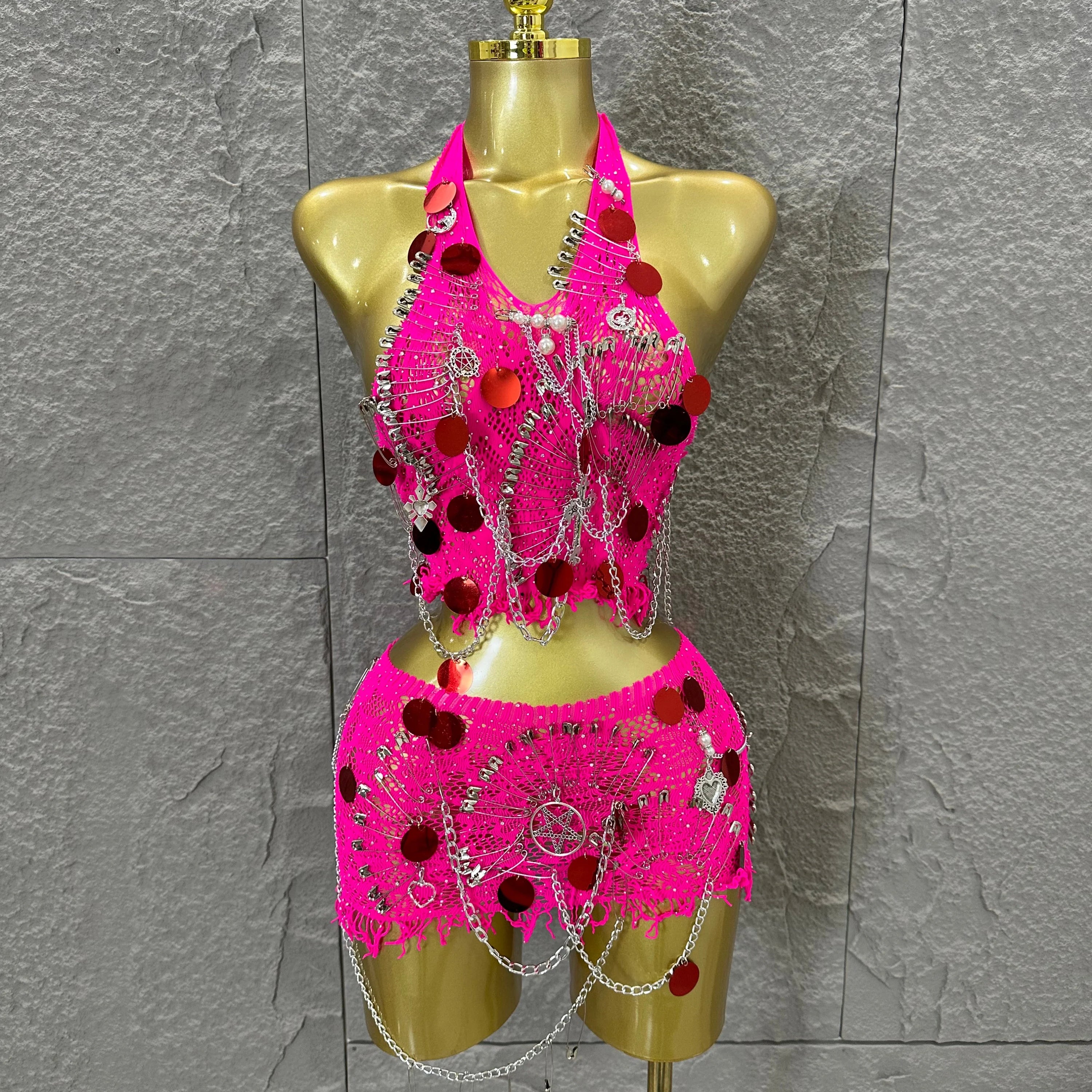 Women Sexy Safety Pin Lace Two Piece Set Halter Neck Sequin Embellished Crop Top & Mini Skirt Outfit Stage Performance Costume