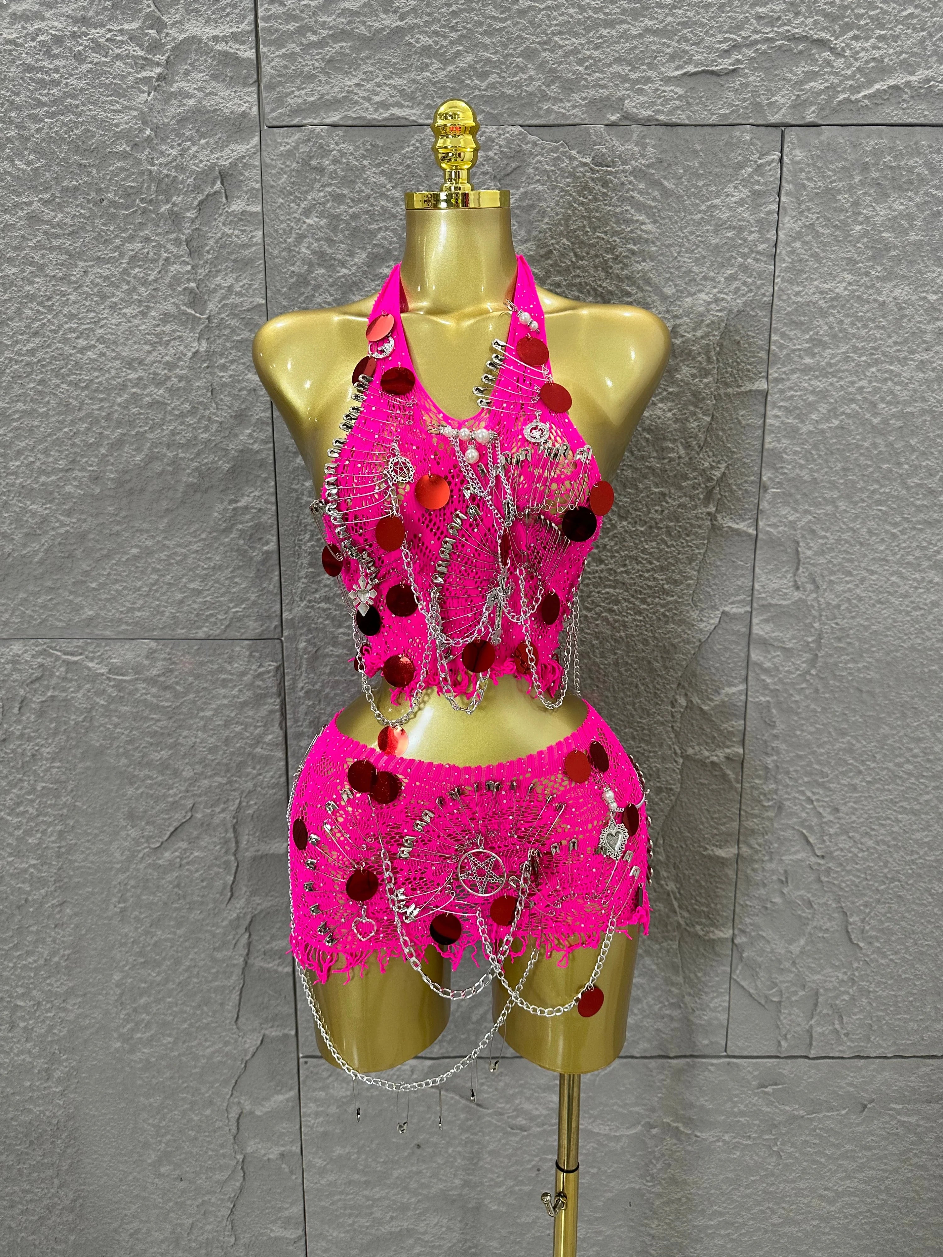 Women Sexy Safety Pin Lace Two Piece Set Halter Neck Sequin Embellished Crop Top & Mini Skirt Outfit Stage Performance Costume