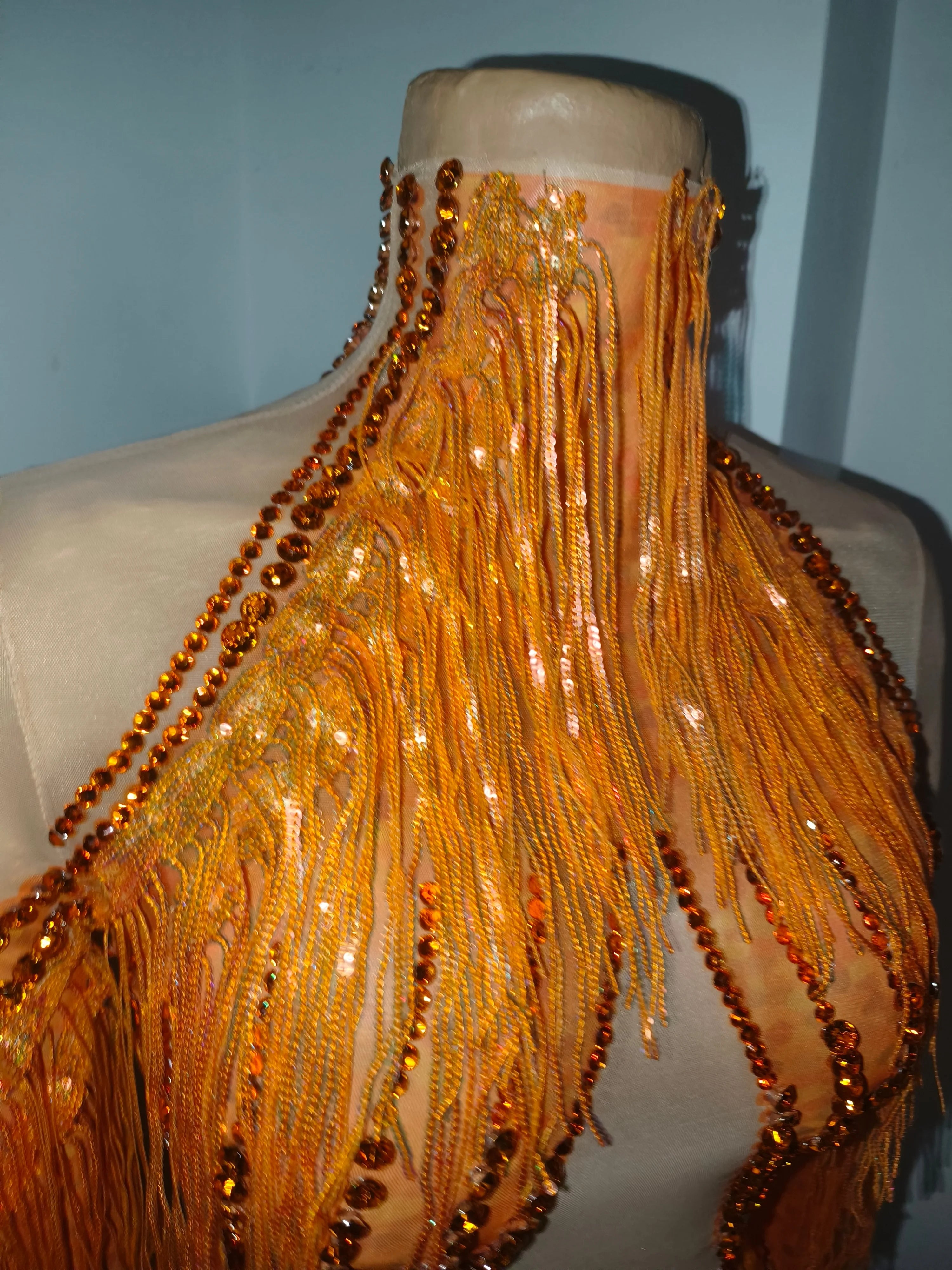Sparkly Orange Rhinestone Fringe High Neck Dress Women Sheer Mesh Embellished Latin Dance Performance Costume
