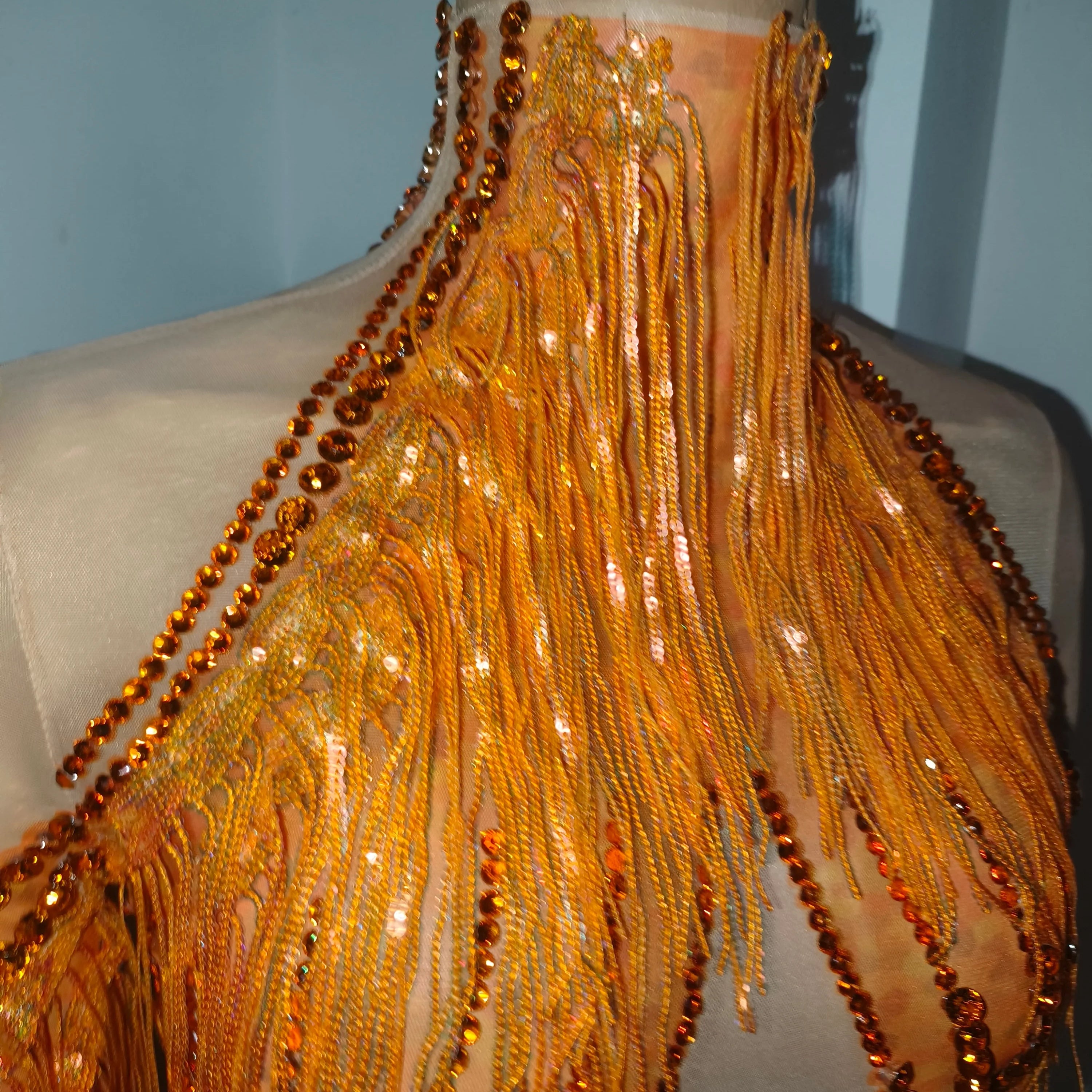 Sparkly Orange High Neck Dress Women Sheer Mesh Rhinestone Fringe Embellished Latin Dance Performance Costume