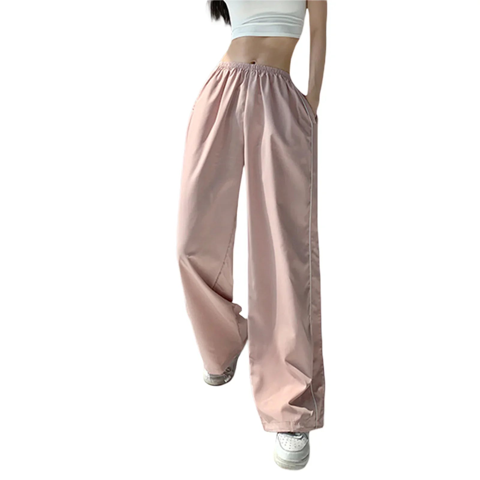 Women s Y2k Elastic Waist Cargo Pants Loose Solid Color Joggers Workout Pants with Pockets Streetwear Pink