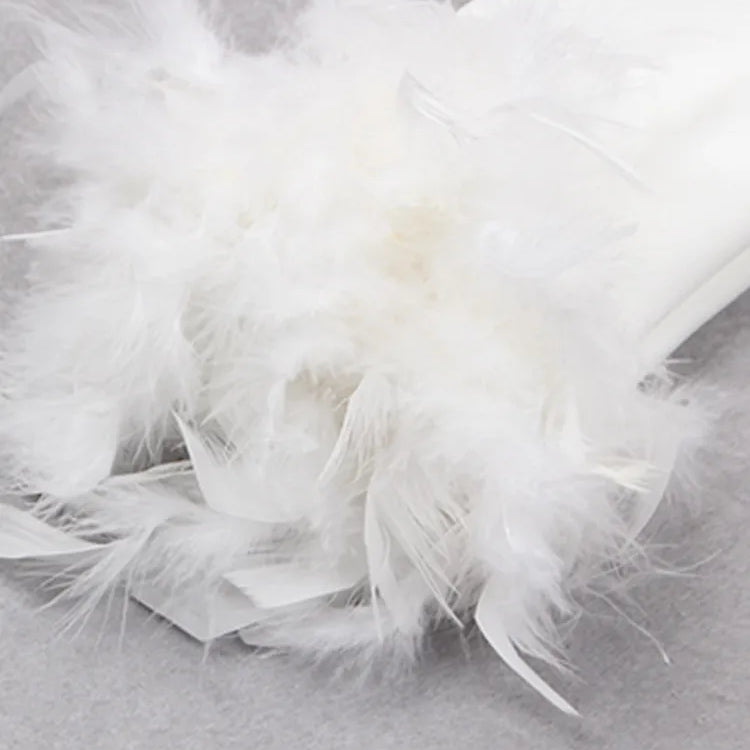 Spring Women Sexy Long Sleeve Feather Black White Mesh Ruched Mini Bodycon Bandage Dress Elegant Evening Club Party Dress