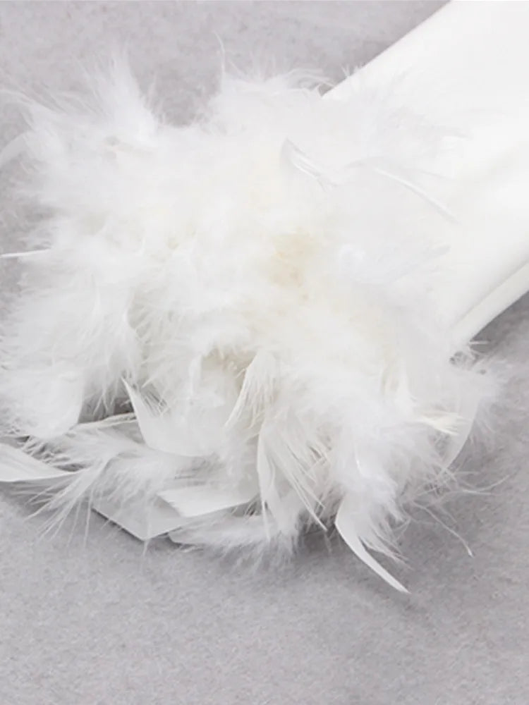 Spring Women Sexy Long Sleeve Feather Black White Mesh Ruched Mini Bodycon Bandage Dress Elegant Evening Club Party Dress