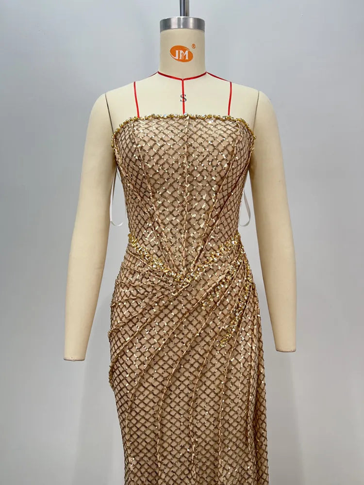 Women Celebrity Sexy Strapless Sequins Gold Crystal Split Maxi Long Gowns Dress 2024 Elegant Evening Party Club Vestido