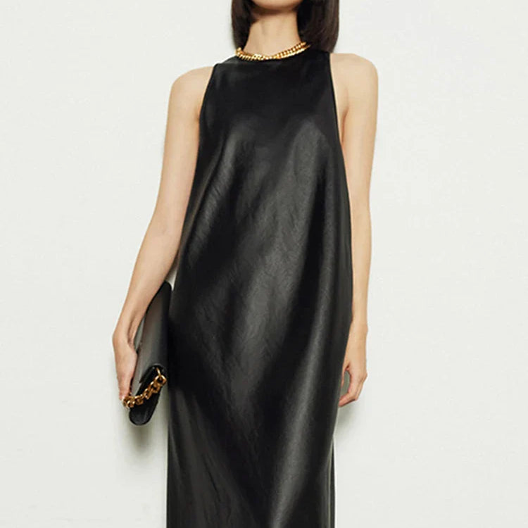 Spring Black Extra Long Faux Leather Tank Dress Autumn Elegant Stylish Backless Maxi Dresses for Women Clothing 2021 Black