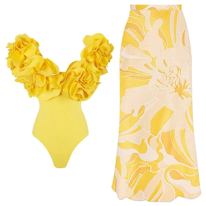 Solid Yellow Women Sexy 3D Flower One Piece Swimsuit Swimwear Off Shoulder Beachwear Summer Monokini Surf Wear Bathing Suit ye-1 set