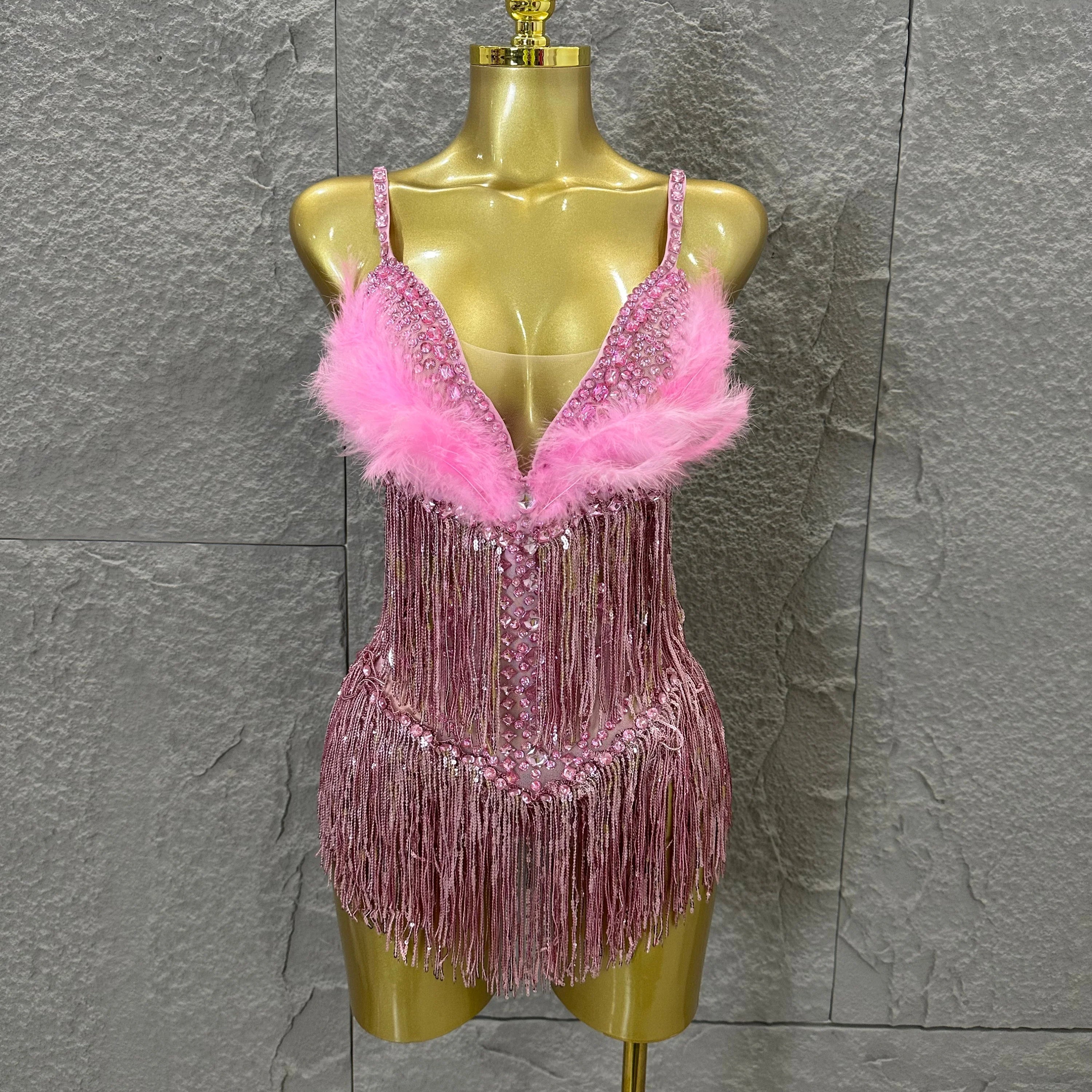 Opulent Pink Sparkly Rhinestone Feather Train Bodysuit Sexy Stage Performance Costume Singer Birthday Party Nightclub Outfit