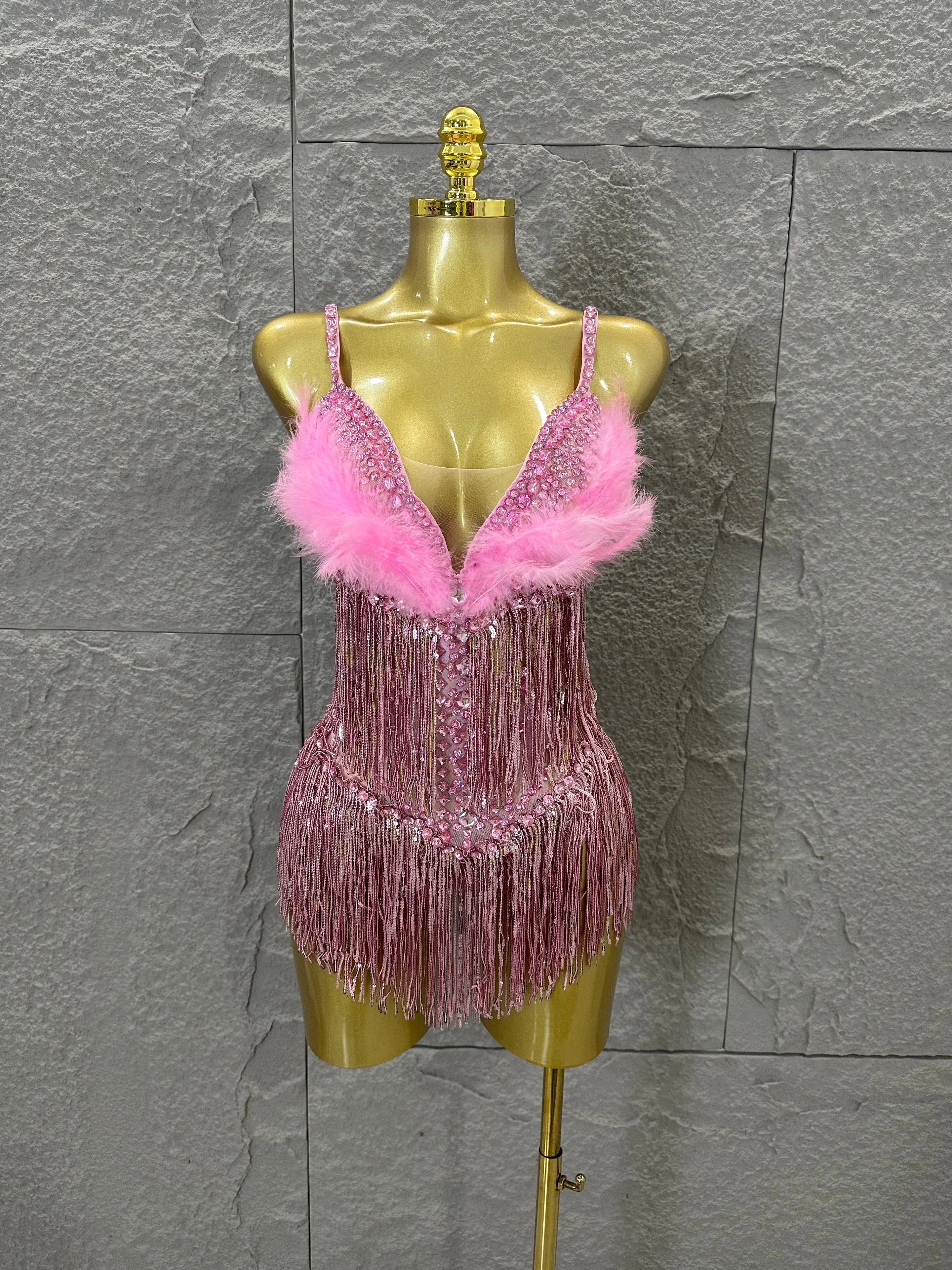 Opulent Pink Sparkly Rhinestone Feather Train Bodysuit Sexy Stage Performance Costume Singer Birthday Party Nightclub Outfit