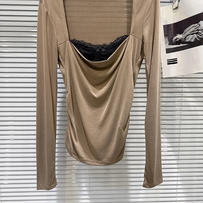 Winter New Niche Design Square Neck Lace Edge Design Long Sleeve Base T-Shirt For Women Slim Fit Top Female 11A07699