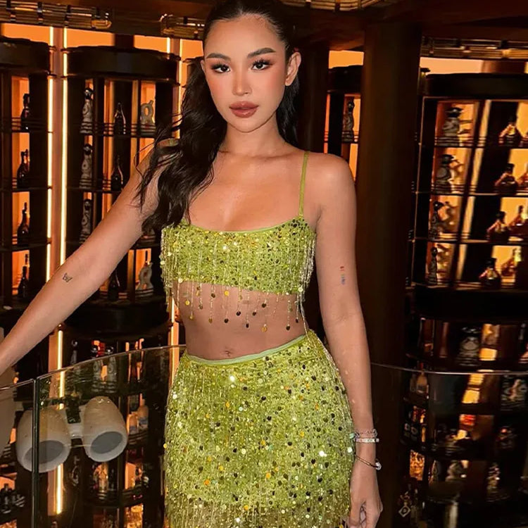 Y2K Tassel Sequin Mini Skirt Sets Women Crop Backless Sling Vest Short Hip Package A-line Skirts 2025 Summer Party Club Outfits green suit