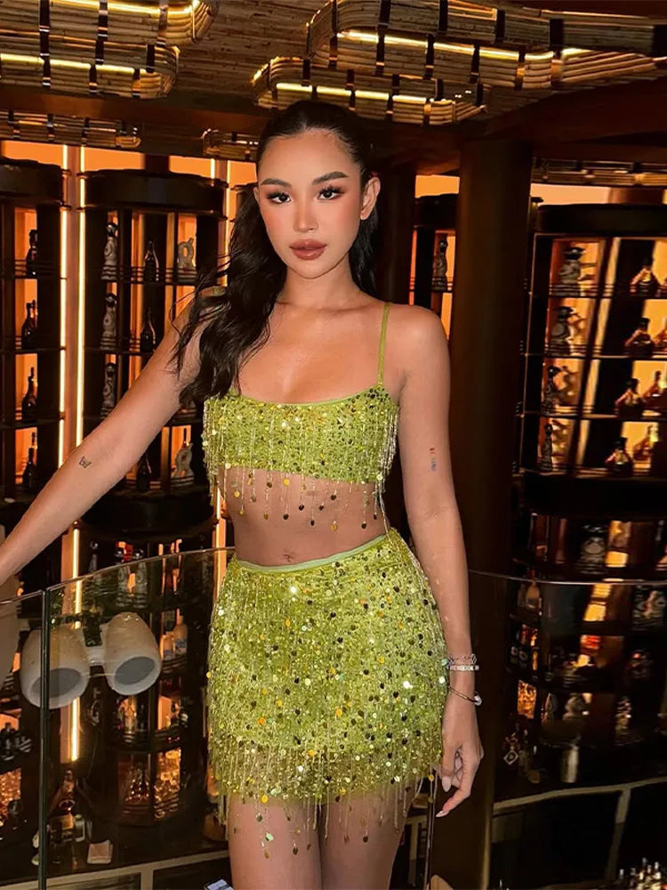 Y2K Tassel Sequin Mini Skirt Sets Women Crop Backless Sling Vest Short Hip Package A-line Skirts 2025 Summer Party Club Outfits green suit