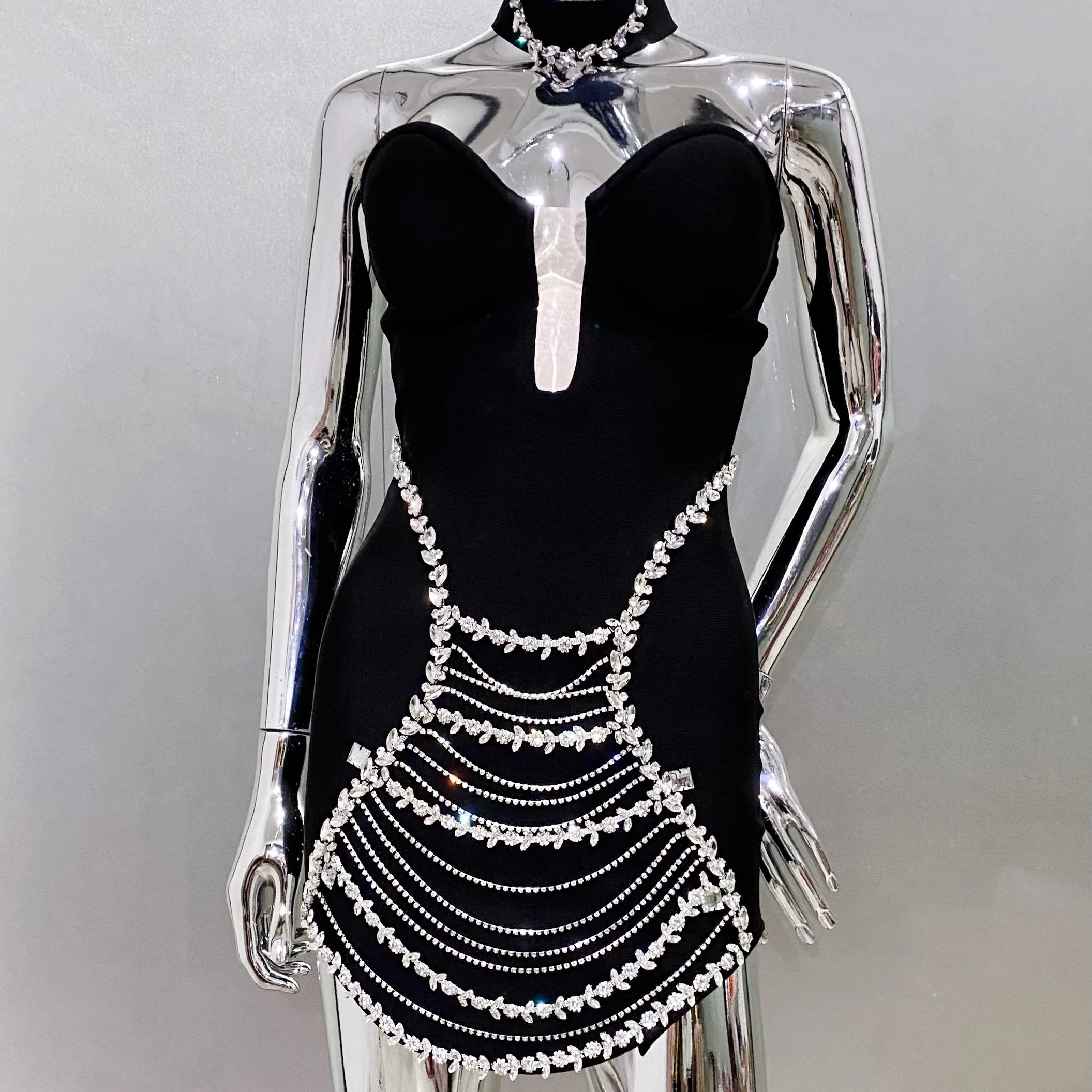 New Stylish Necklace Shining Diamonds Strapless Black Bandage Mini Dress Fashion Woman Party Vestido Celebrity Birthday Outfit