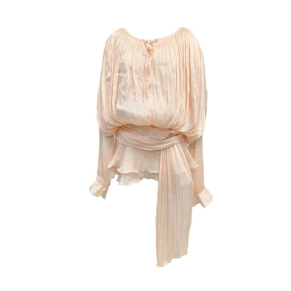 Chic Chiffon Mini Dress with Tie-Neck and Lantern Long Sleeves for a Garden Party Evening Gown Beige