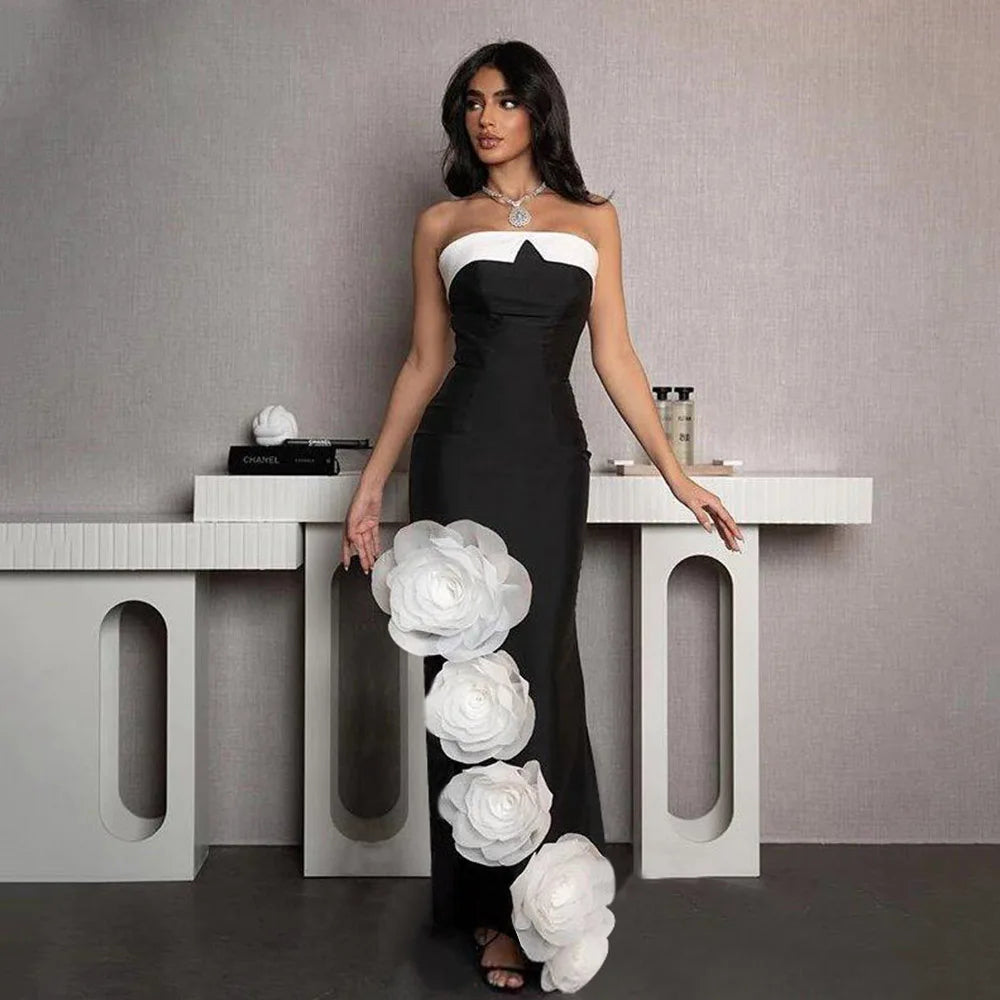 Women Sexy Strapless Bodycon Long Bandage Dress White Florals Elegant Evening Party Celebrate Birthday Dress