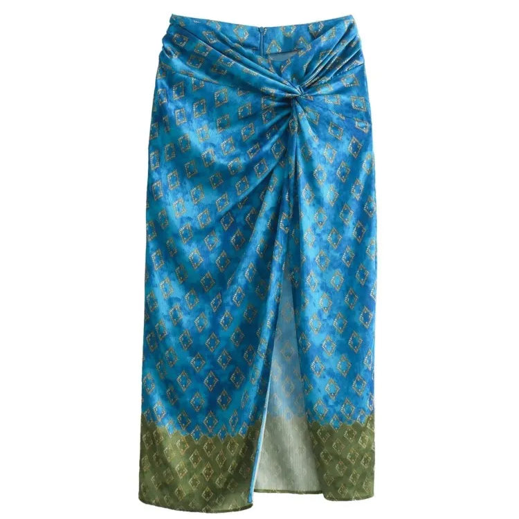 Aonibeier Thin Satin Printed Patchwork Women Long Skirt Traf Summer Zipper High Waist Slit Front Female Maxi Skirt Y2K Beachwear 1