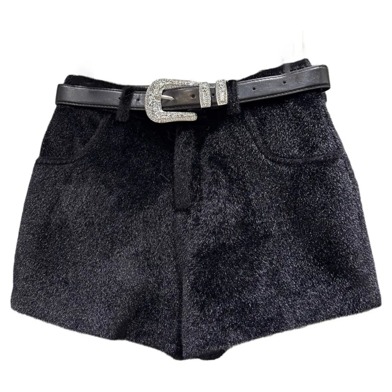 Winter New Fashion Rhinestone Buckle Belt Furry Fabric Shorts For Women Solid Color Versatile Boot Pants 11A07760