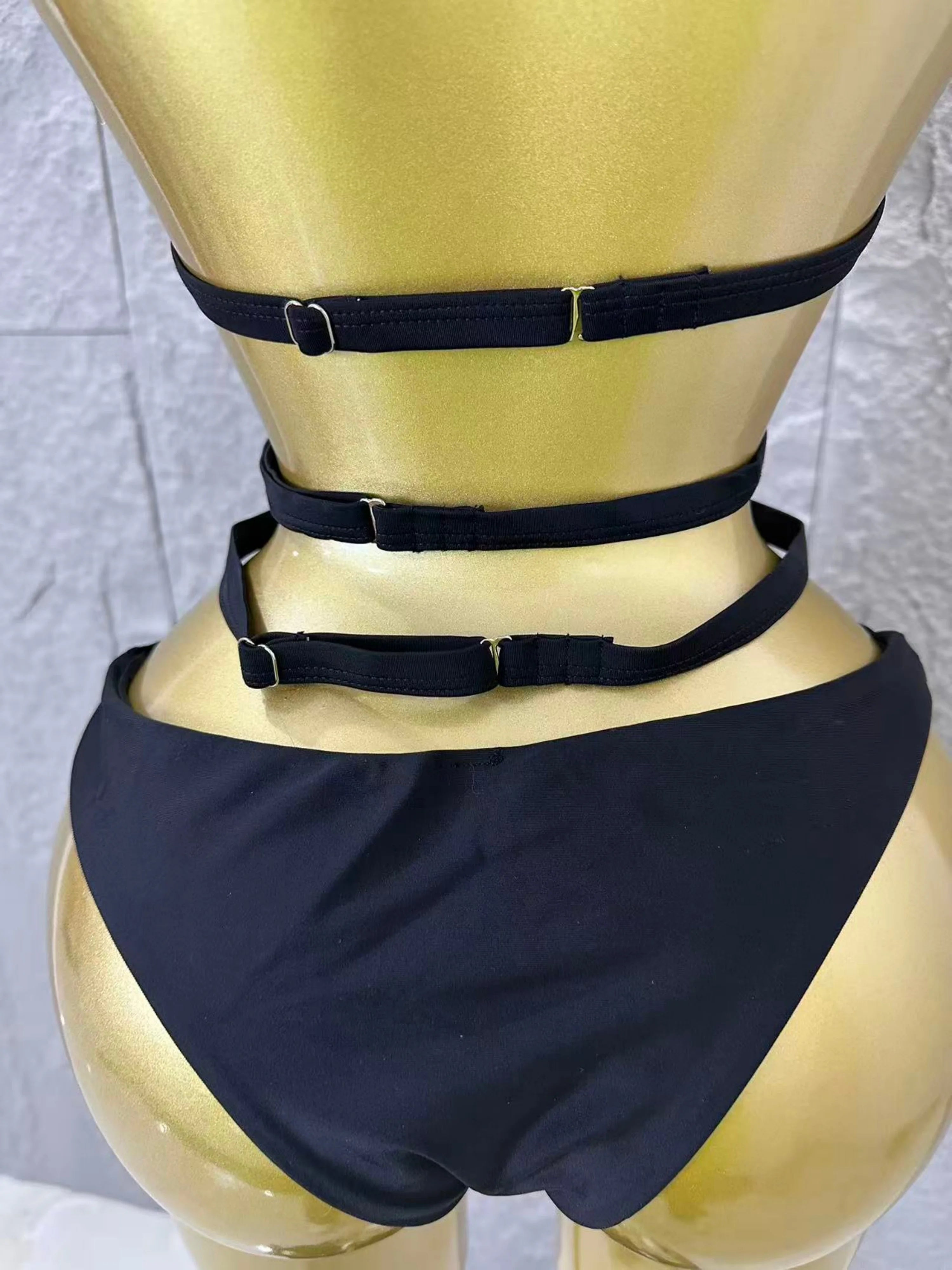 Gold Luxurious Black Bodysuit Women Sexy Halter Neck Iridescent Crystal Embellished Cutout Outfit Stage Performance Costume
