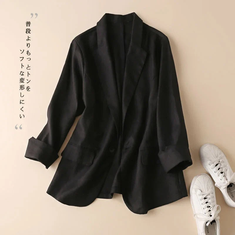 Cotton and Linen Small Suit Women Blazer 2022 Summer New Korean Fashion Thin Coat Three-quarter Sleeve Casual Blazers Jacket Black