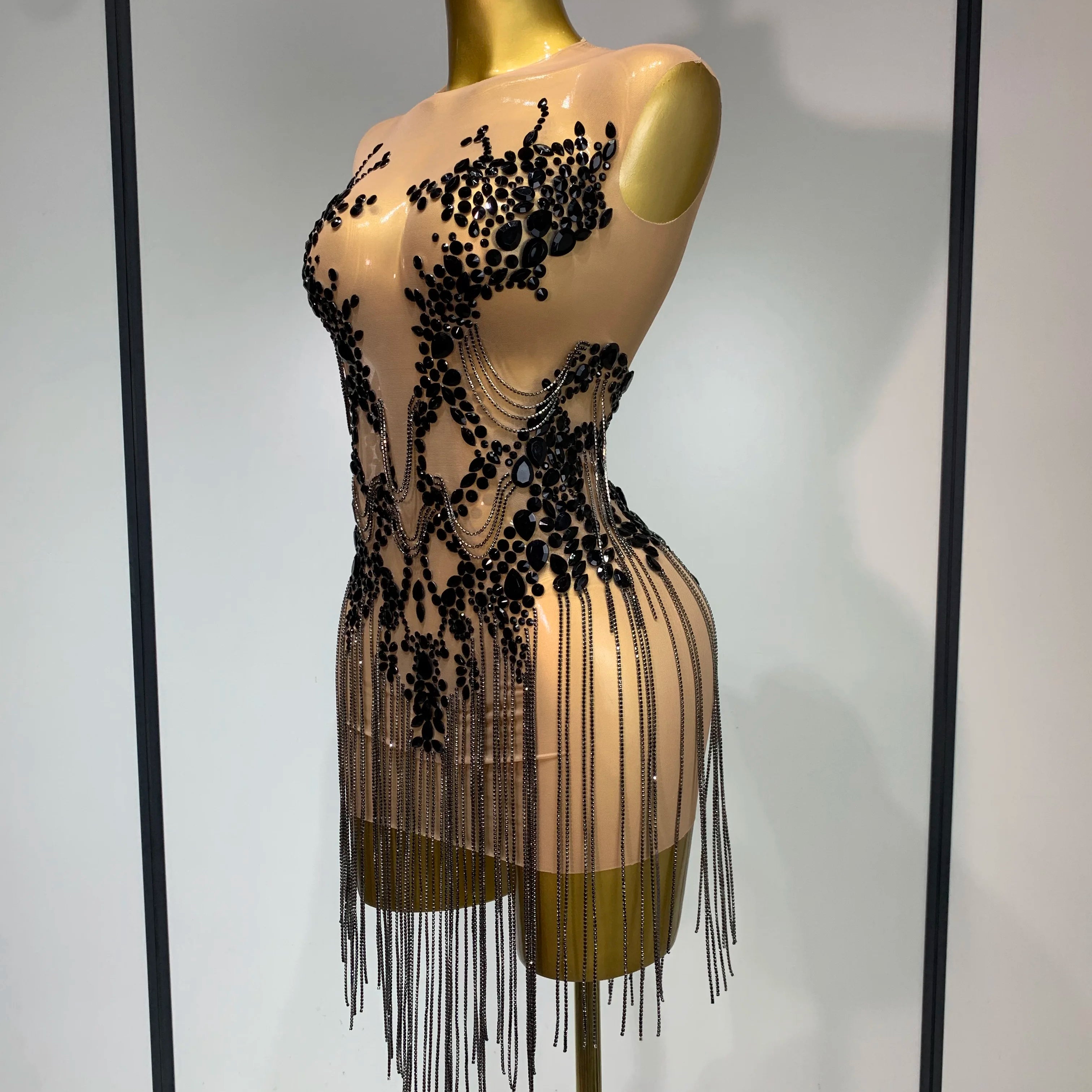 Luxury Rhinestones Chain Sleeveless Mini Dress Celebrity Elegant Sexy Performance Dance Nightclub Outfit Birthday Party Dress