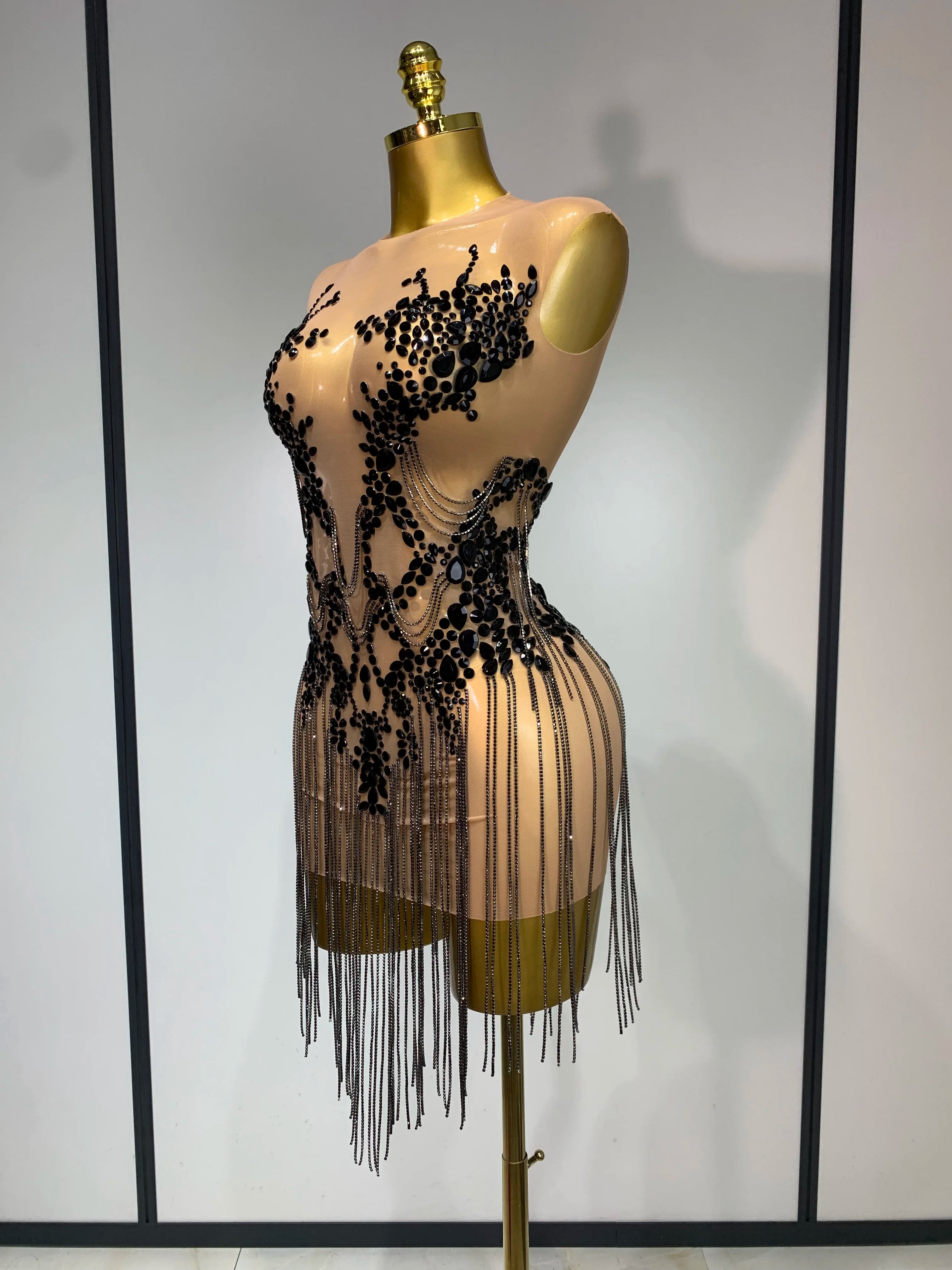 Luxury Rhinestones Chain Sleeveless Mini Dress Celebrity Elegant Sexy Performance Dance Nightclub Outfit Birthday Party Dress