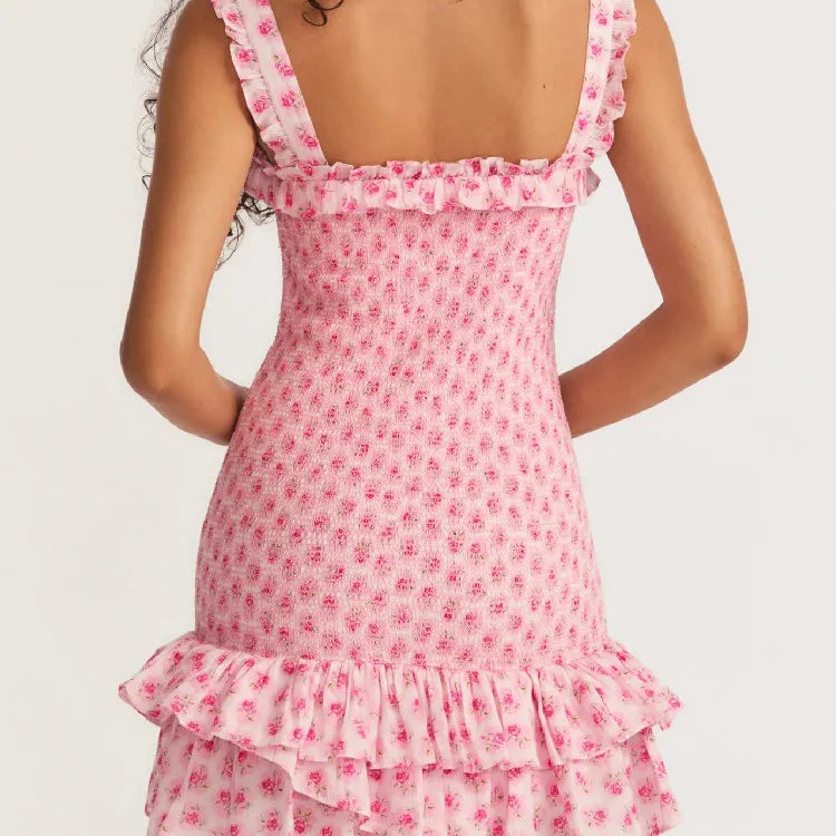 Romantic Pink Flower Print Corset Ruched Elastic Body Sling Mini Dress Woman Wood ears Ruffles Hem Package Hips Holiday Robe