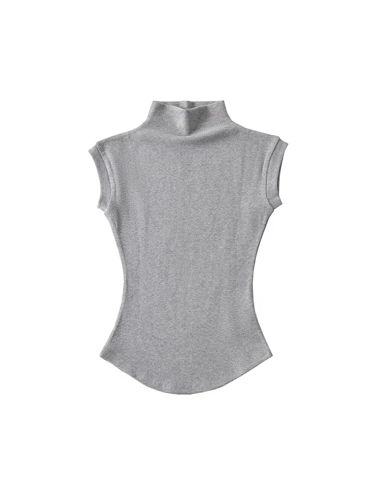 Women Summer Sexy Turtleneck Sleeveless T-Shirts Tops Solid Slim Fit Pullovers Causal Tees Shirts Female Streetwear Basics Tees GRAY