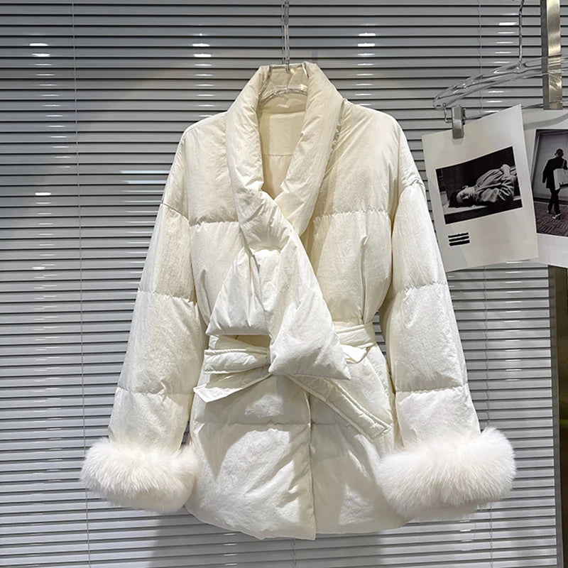 Winter New Elegant Temperament Furry Cuff Scarf Tie Waist Warm Jacket For Women Loose Cotton-padded Coat 11A07600 Creamy-white One Size