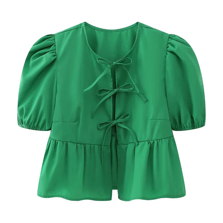 wsevypo Chic Summer Babydoll Shirts Solid/Stripe Short Women's Puff Sleeve Round Neck Tie-Up Front Peplum Blouses Top for Street E