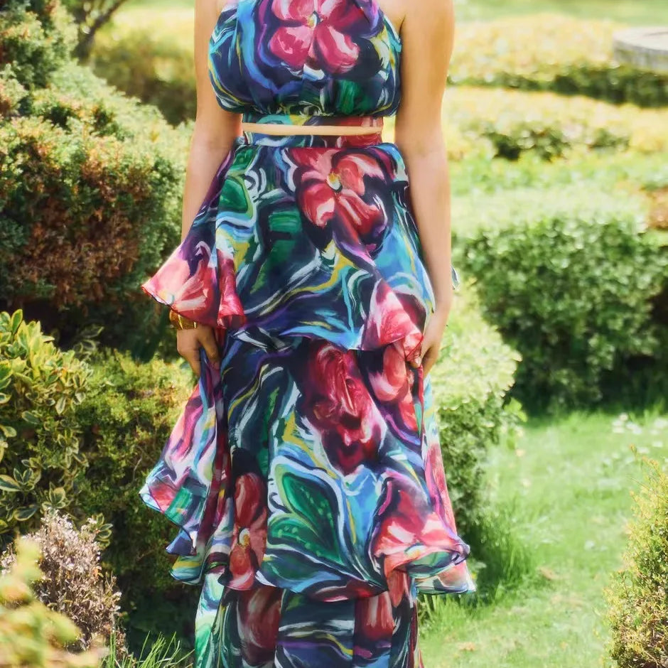 Women Dress Sleeveless Printed Vest Long Ruffles 2024 Summer Beach Sexy Night Party Dresses Outfits Blue