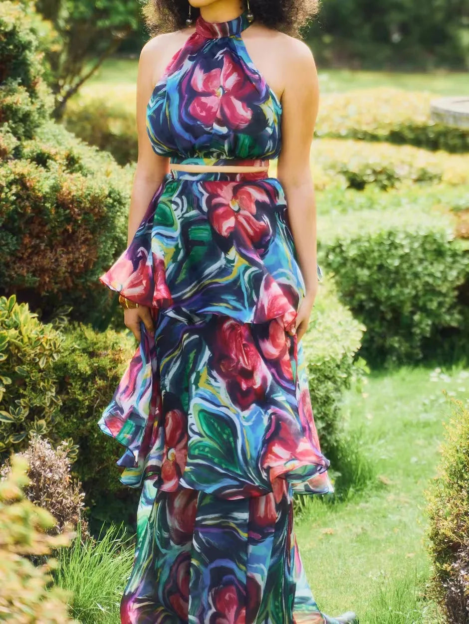 Women Dress Sleeveless Printed Vest Long Ruffles 2024 Summer Beach Sexy Night Party Dresses Outfits Blue