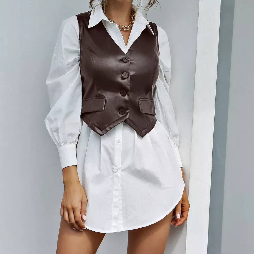 Vintage Cropped PU Leather Vest for Women V-neck Button Slim Waistcoat Spring Autumn Sleeveless Jacket Female Vests