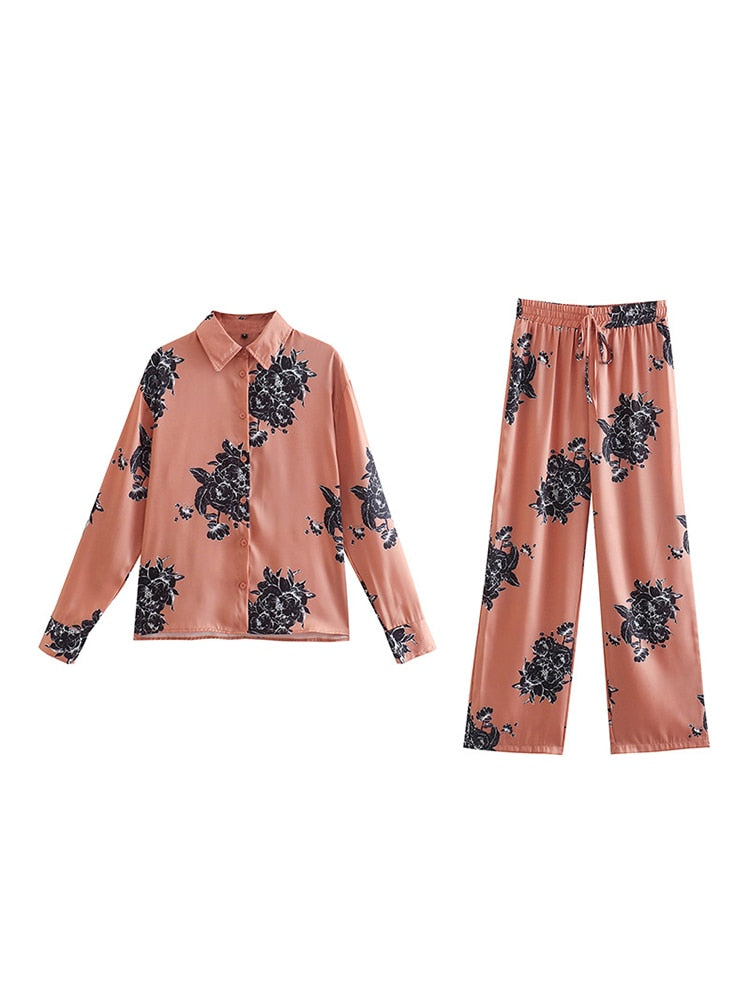 Woman 2 Pieces Shirts Pants Suit 2024 New Fashion Printed Blouses Tops Straight Trousers Set Female Casual Single Breasted Shirt top trousers suits