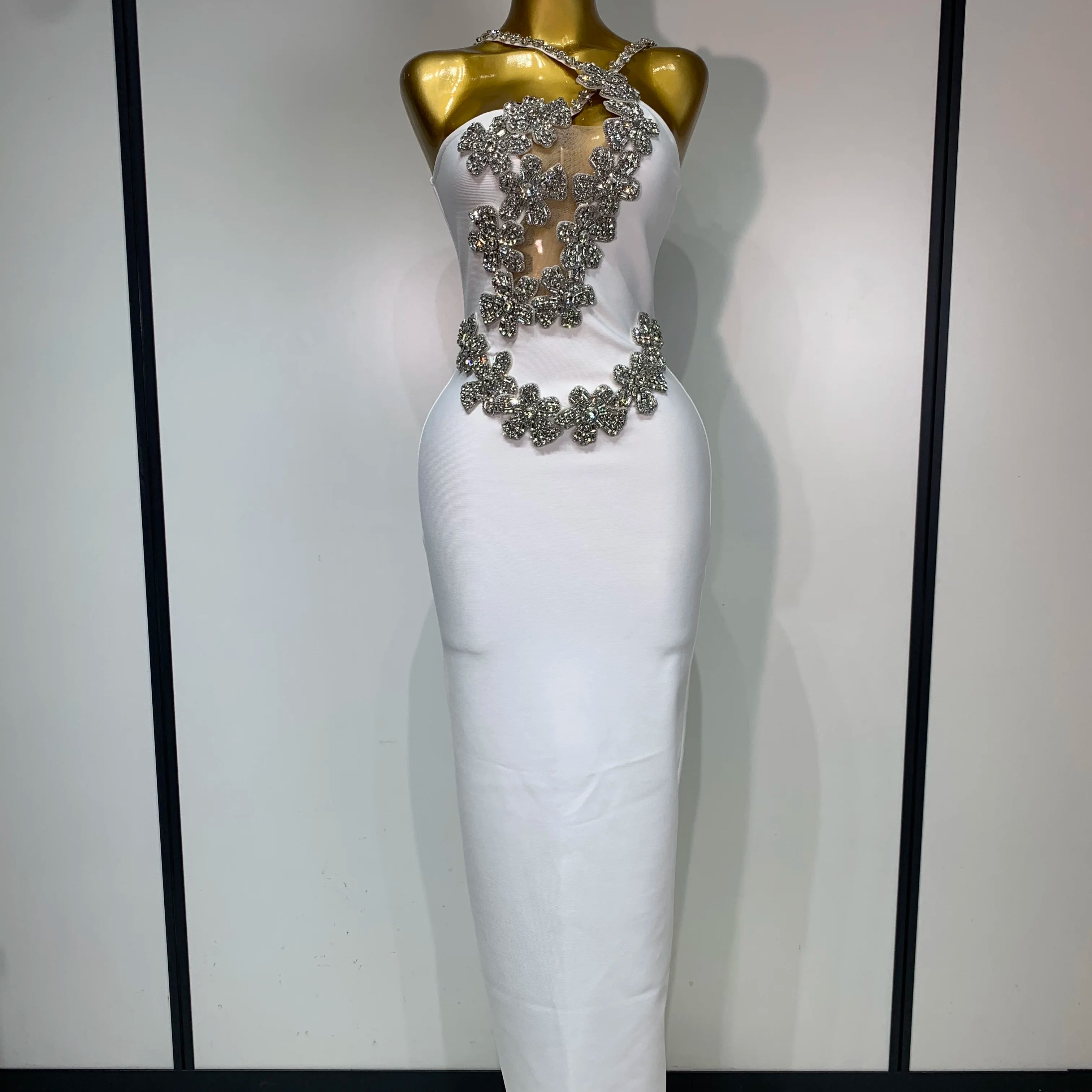 Women Sexy Shining Beading White Maxi Long Bodycon Bandage Dresses Celebrity Birthday Evening Party Elegant Knitted Clothing WHITE