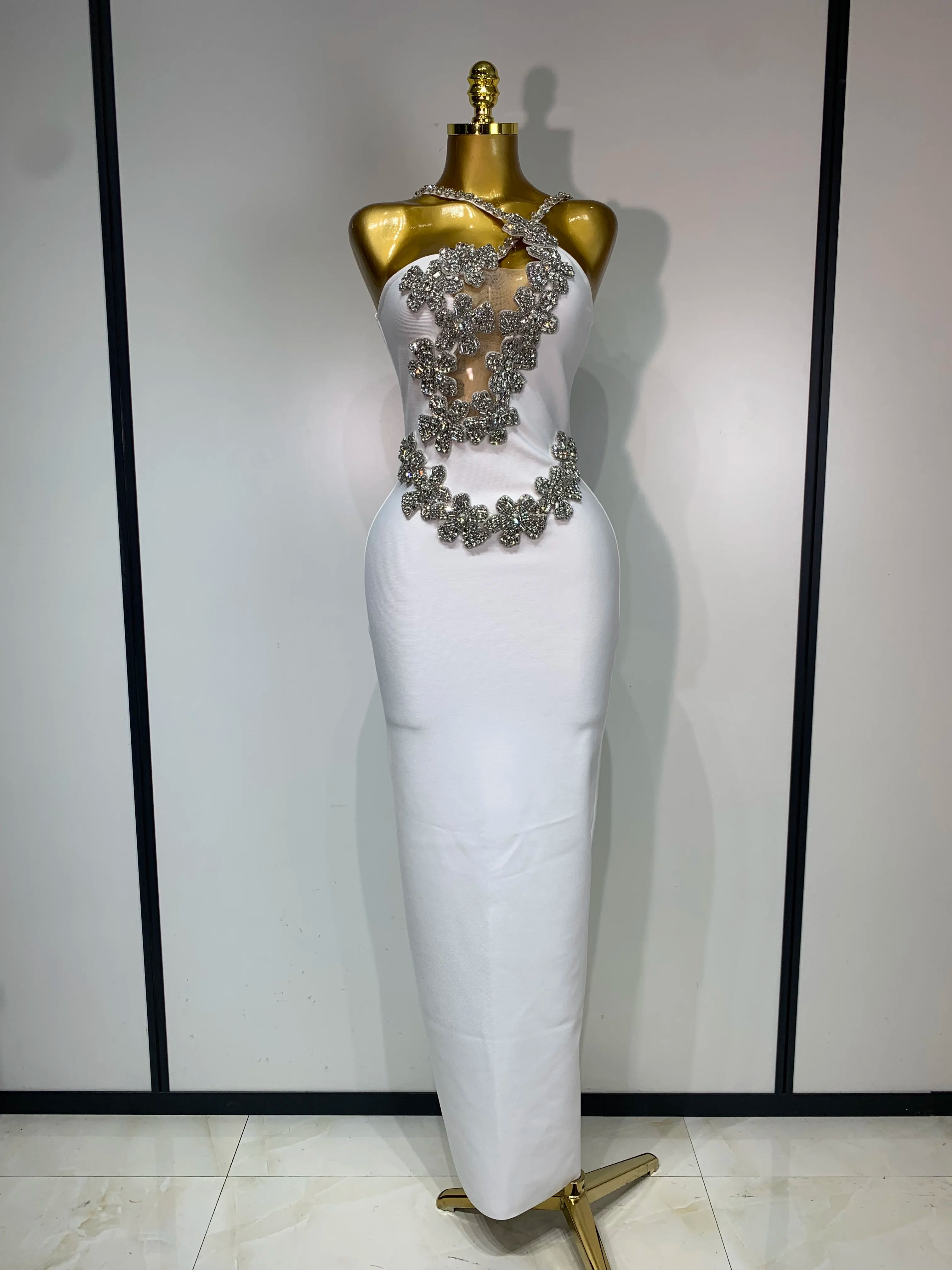 Women Sexy Shining Beading White Maxi Long Bodycon Bandage Dresses Celebrity Birthday Evening Party Elegant Knitted Clothing WHITE
